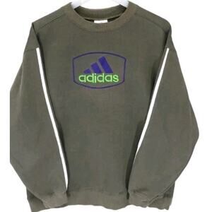 Vtg Adidas Embroidered Sweatshirt 90s Youth L Olive Green Streetwear 3 Stripe